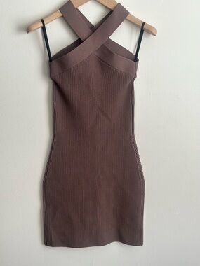Babaton Chocolate Brown Cross-Strap Ribbed Mini Dress